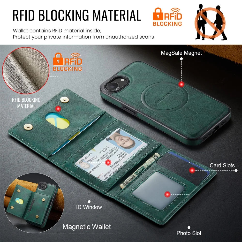 MAGKING K4 Series For iPhone 17e / 16e Case Compatible with MagSafe Detachable Wallet PU TPU PC Phone Cover - Green - 6