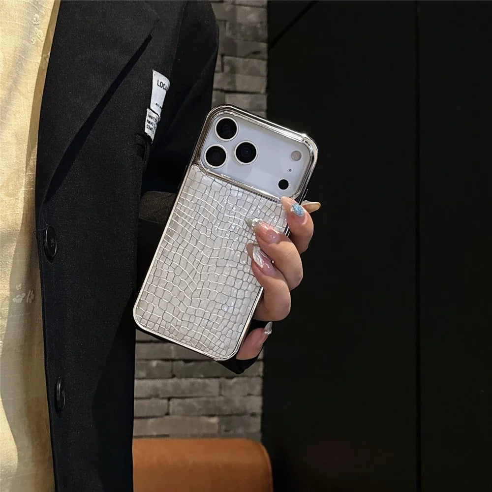 For iPhone 17 Pro Max Case Crocodile Texture PU Leather Coated PC + TPU Electroplating Phone Cover - Khaki - 3