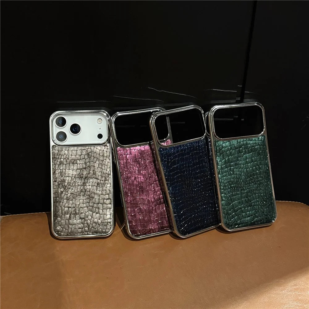 For iPhone 17 Pro Max Case Crocodile Texture PU Leather Coated PC + TPU Electroplating Phone Cover - Khaki - 6