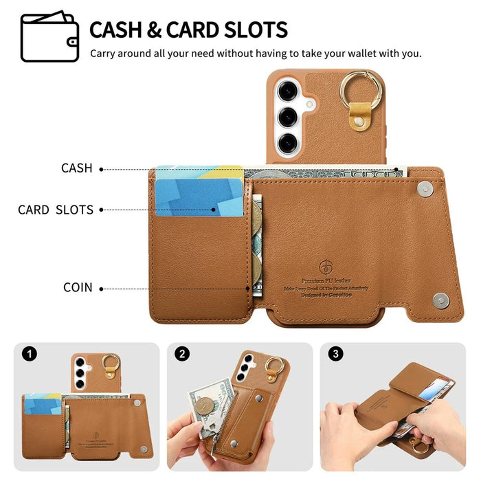 For Samsung Galaxy A35 5G Case D-Ring Holder Leather + PC + TPU Phone Cover with Wallet Kickstand - Brown - 5