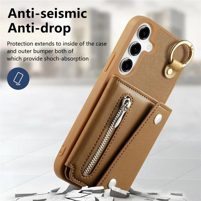 For Samsung Galaxy A35 5G Case D-Ring Holder Leather + PC + TPU Phone Cover with Wallet Kickstand - Brown - 7