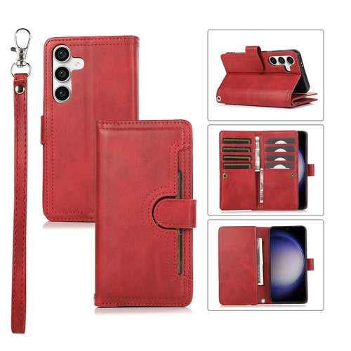 For Samsung Galaxy S26+ Case Split Leather Magnetic Wallet Phone Protector with Wrist Strap - Red - 1