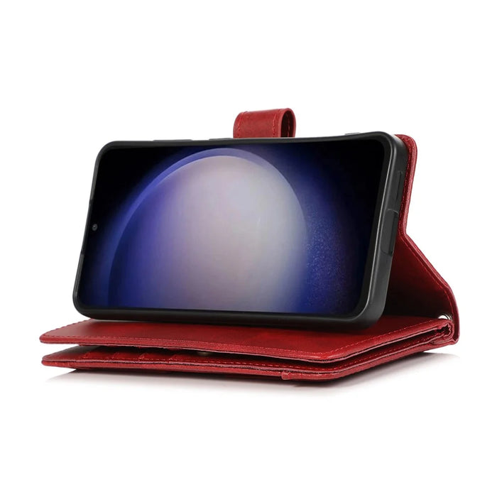 For Samsung Galaxy S26+ Case Split Leather Magnetic Wallet Phone Protector with Wrist Strap - Red - 3