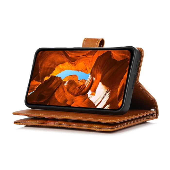 For Samsung Galaxy S26 Ultra Case Split Leather Magnetic Wallet Phone Protector with Wrist Strap - Brown - 3