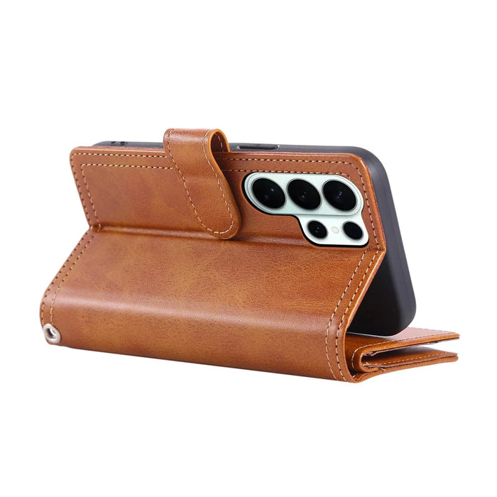 For Samsung Galaxy S26 Ultra Case Split Leather Magnetic Wallet Phone Protector with Wrist Strap - Brown - 4
