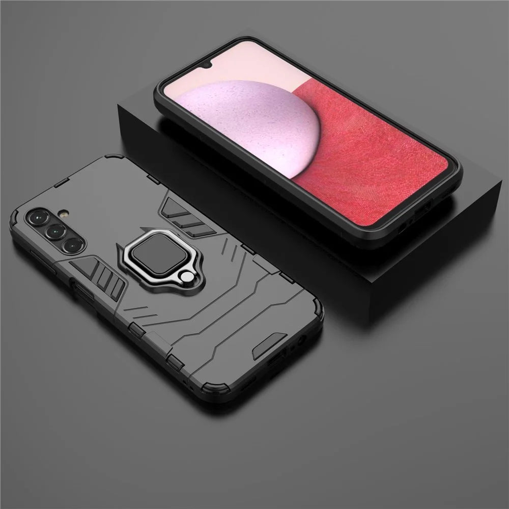 For Samsung Galaxy A14 5G / A14 4G Armor Shockproof Hard PC Soft TPU Ring Holder Kickstand Phone Case Protective Cover - Black - 5