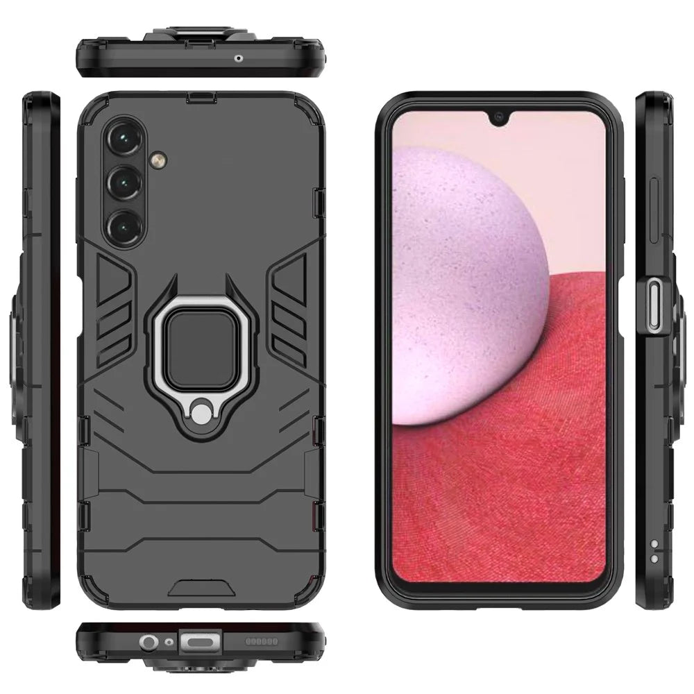 For Samsung Galaxy A14 5G / A14 4G Armor Shockproof Hard PC Soft TPU Ring Holder Kickstand Phone Case Protective Cover - Black - 6