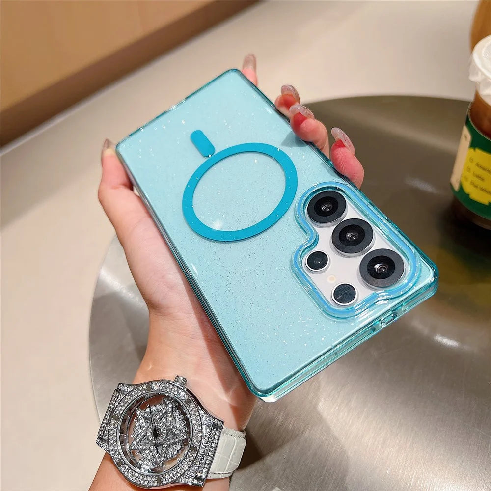 For Samsung Galaxy S25 Ultra Magnetic Case Clear Glitter Shockproof PC Phone Back Cover - Sky Blue - 2