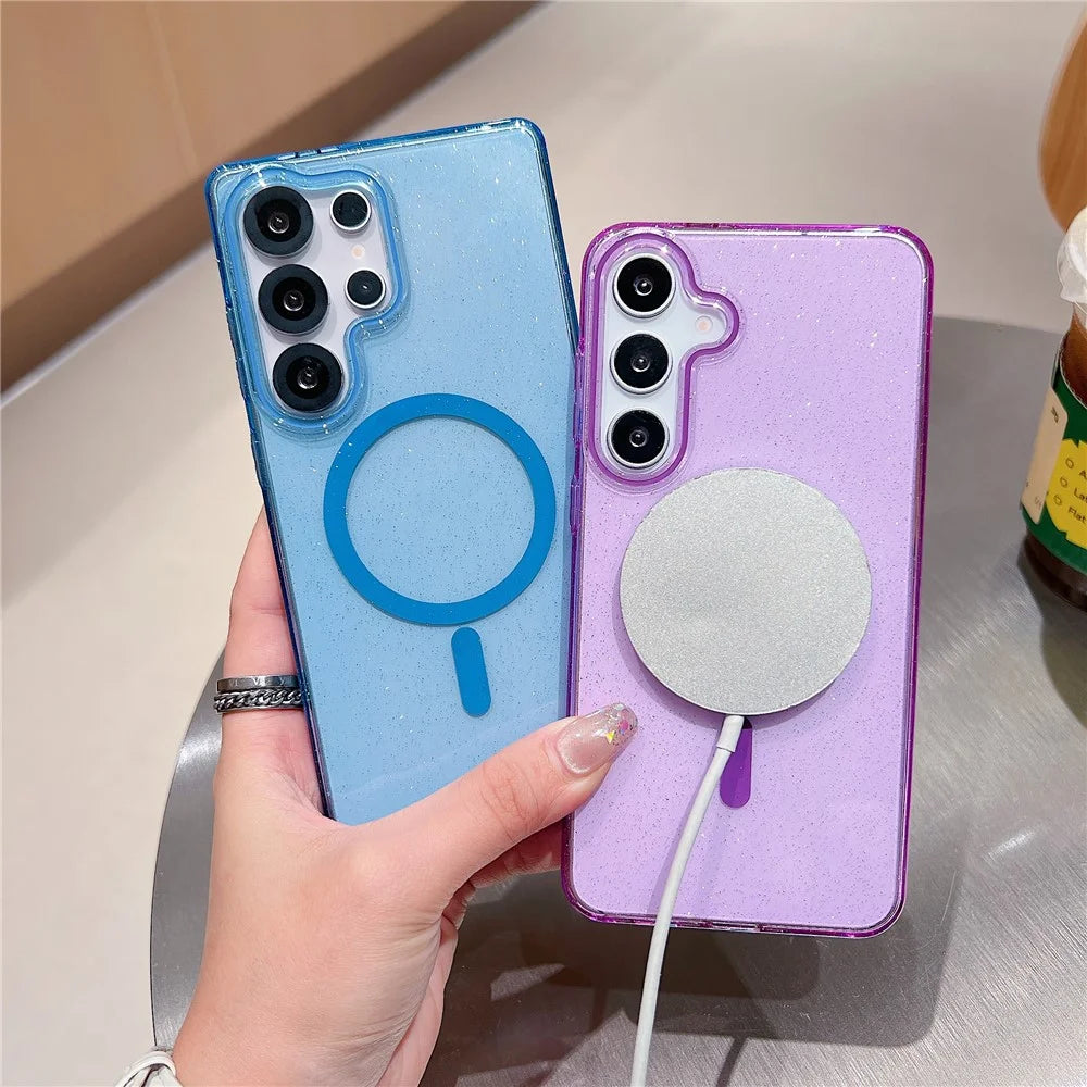 For Samsung Galaxy S25 Ultra Magnetic Case Clear Glitter Shockproof PC Phone Back Cover - Sky Blue - 3