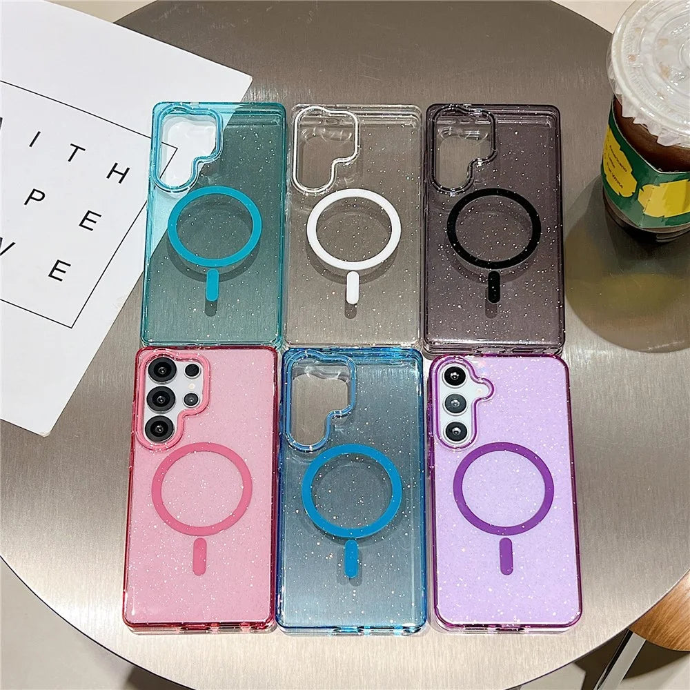 For Samsung Galaxy S25 Ultra Magnetic Case Clear Glitter Shockproof PC Phone Back Cover - Sky Blue - 5