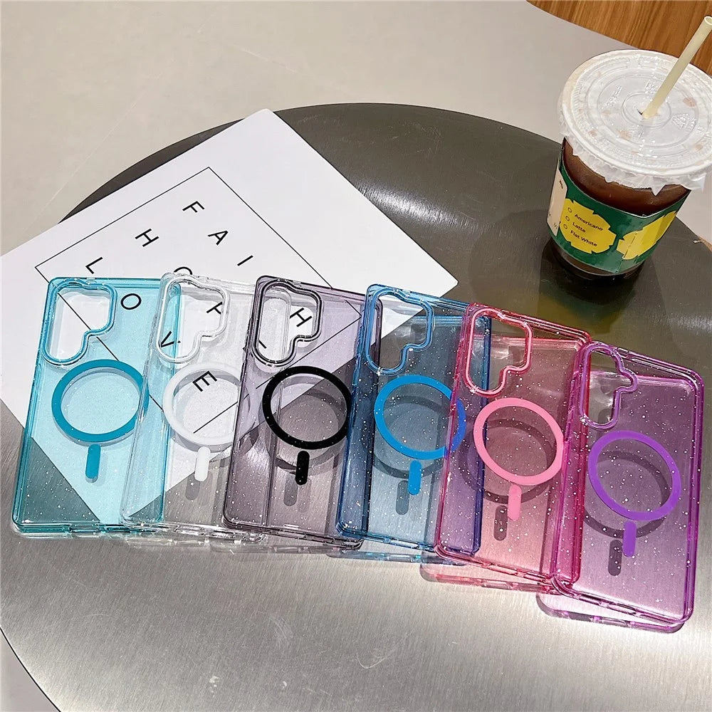 For Samsung Galaxy S25 Ultra Magnetic Case Clear Glitter Shockproof PC Phone Back Cover - Sky Blue - 6