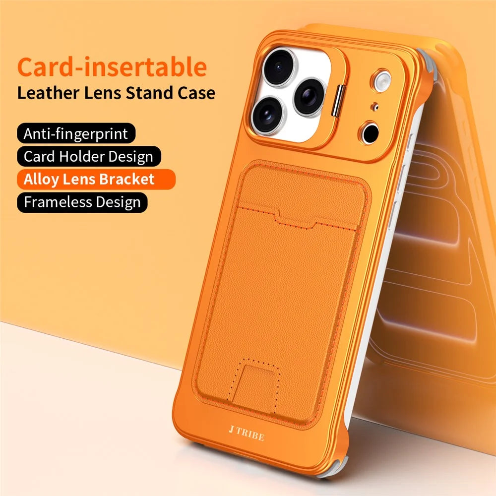 For iPhone 17 Pro Max Case Lens Frame Kickstand Metal Frameless Phone Cover with Leather Card Slots - Orange - 2
