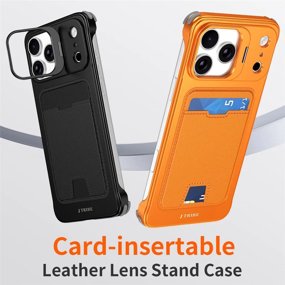 For iPhone 17 Pro Max Case Lens Frame Kickstand Metal Frameless Phone Cover with Leather Card Slots - Orange - 3