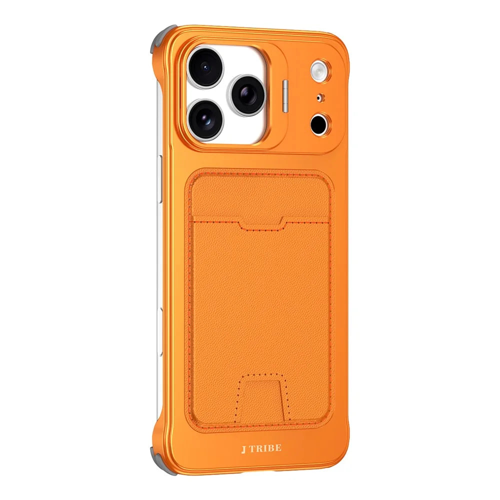 For iPhone 17 Pro Case Lens Frame Kickstand Metal Frameless Phone Cover with Leather Card Slots - Orange - 1