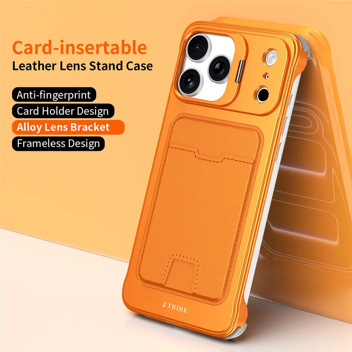 For iPhone 17 Pro Case Lens Frame Kickstand Metal Frameless Phone Cover with Leather Card Slots - Orange - 2
