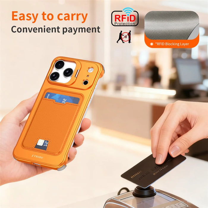 For iPhone 17 Pro Case Lens Frame Kickstand Metal Frameless Phone Cover with Leather Card Slots - Orange - 5