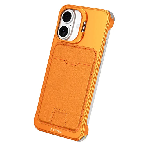 For iPhone 17 Case Lens Frame Kickstand Metal Frameless Phone Cover with Leather Card Slots - Orange - 1
