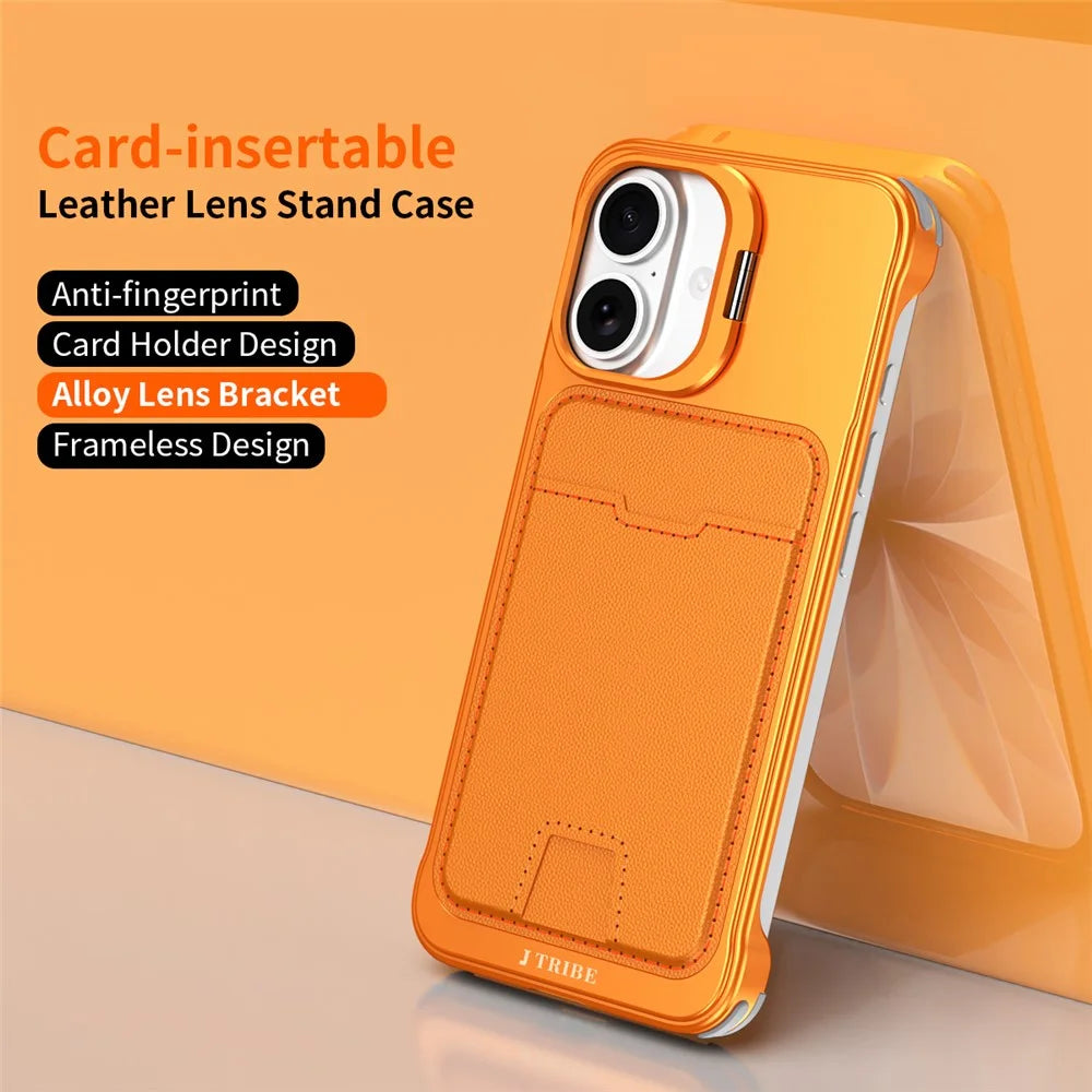 For iPhone 17 Case Lens Frame Kickstand Metal Frameless Phone Cover with Leather Card Slots - Orange - 2