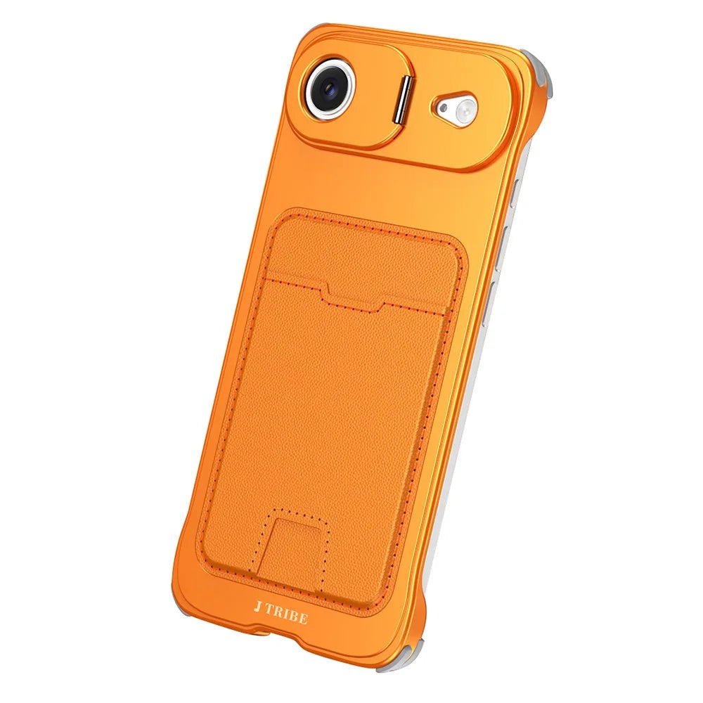 For iPhone Air Case Lens Frame Kickstand Metal Frameless Phone Cover with Leather Card Slots - Orange - 1