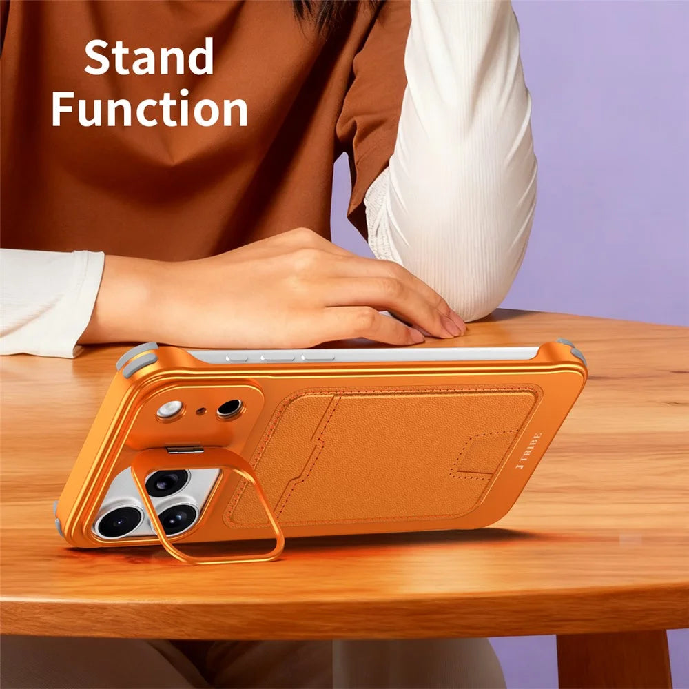 For iPhone 16 Pro Max Case Lens Frame Kickstand Metal Frameless Phone Cover with Leather Card Slots - Orange - 6
