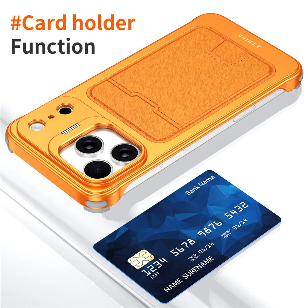 For iPhone 16 Pro Case Lens Frame Kickstand Metal Frameless Phone Cover with Leather Card Slots - Orange - 4