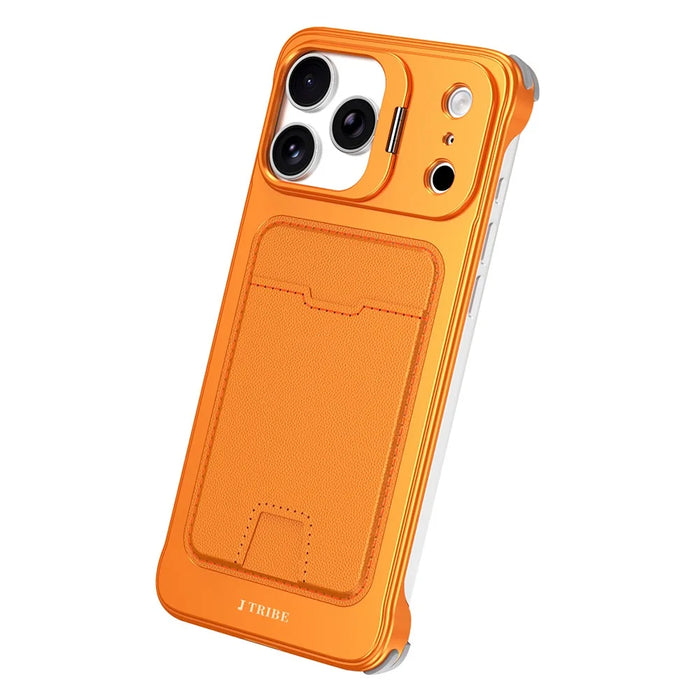 For iPhone 15 Pro Case Lens Frame Kickstand Metal Frameless Phone Cover with Leather Card Slots - Orange - 1