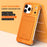 For iPhone 15 Pro Case Lens Frame Kickstand Metal Frameless Phone Cover with Leather Card Slots - Orange - 2