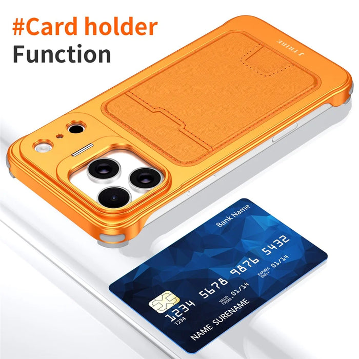 For iPhone 15 Pro Case Lens Frame Kickstand Metal Frameless Phone Cover with Leather Card Slots - Orange - 4