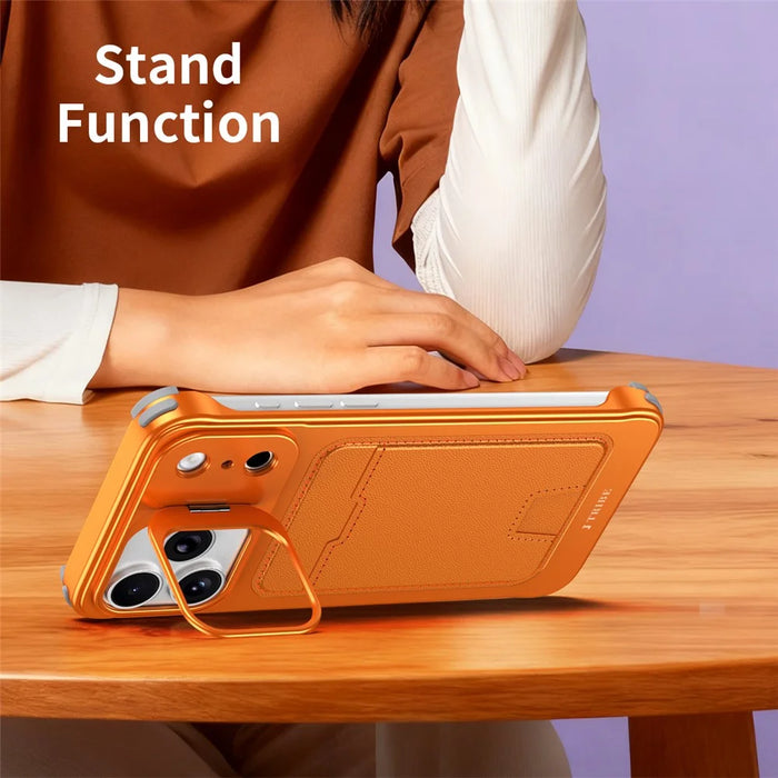For iPhone 15 Pro Case Lens Frame Kickstand Metal Frameless Phone Cover with Leather Card Slots - Orange - 6