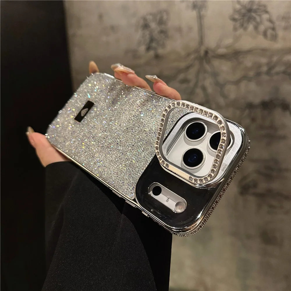 For iPhone 17 Pro Max Case Full Rhinestones Design Hidden Lens Kickstand TPU PC Phone Cover - Silver - 3