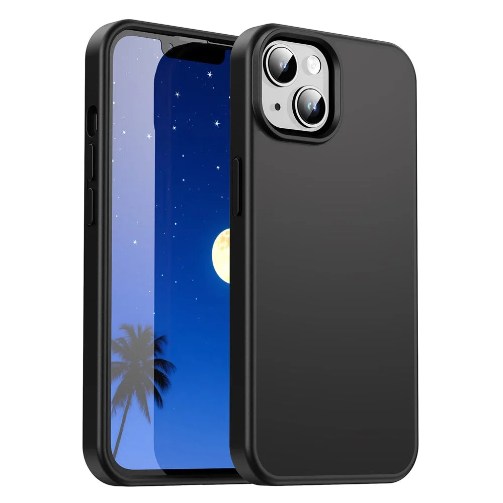 For iPhone 14  /  13 Case Skin Touch Matte Anti Drop TPU PC Phone Back Cover - All Black - 1
