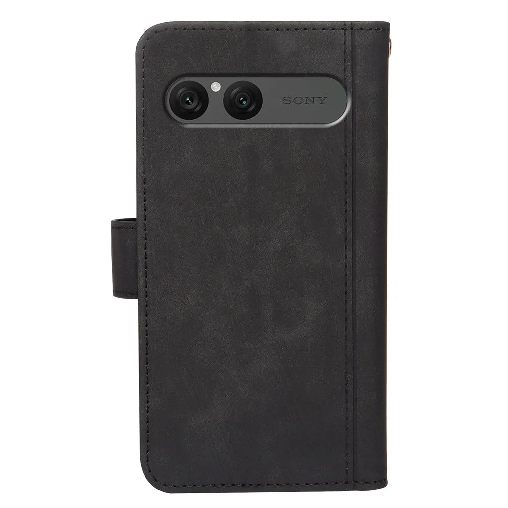 For Sony Xperia 10 VII Leather Case Line Pattern Wallet Phone Cover with 9 Card Slots - Black - 6