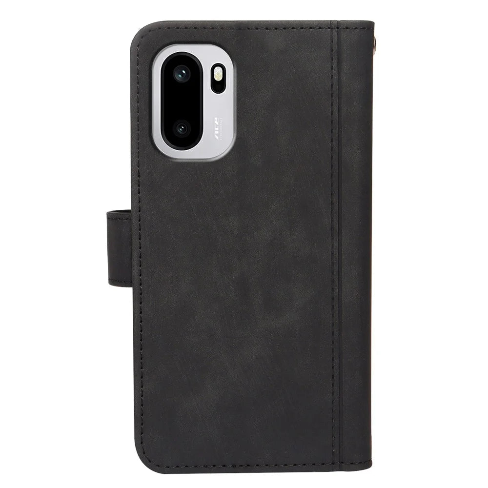 For OnePlus 15R 5G / Ace 6T 5G / Ace 6 5G Leather Case Line Pattern Wallet Phone Cover with 9 Card Slots - Black - 6