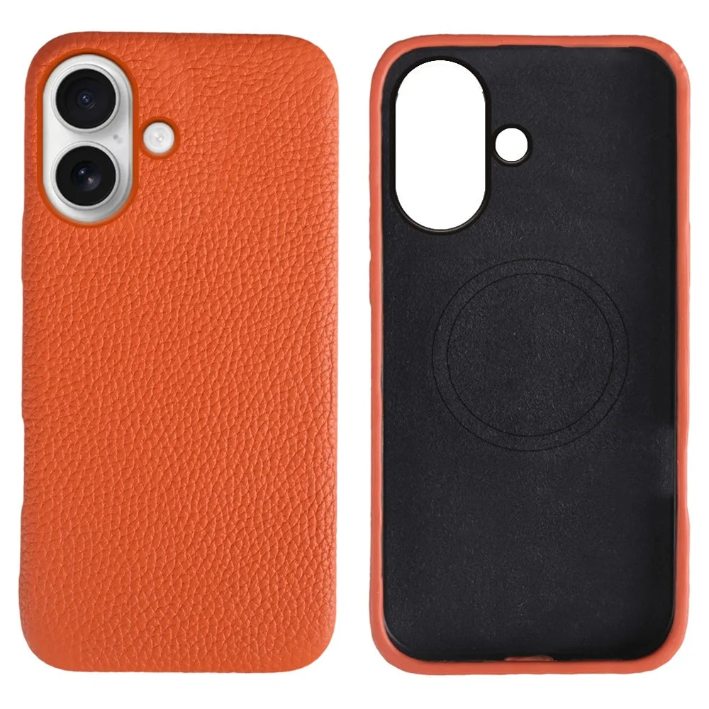 For iPhone 17 Case Compatible with MagSafe Litchi Texture Genuine Cow Leather + PC Phone Cover - Orange - 1
