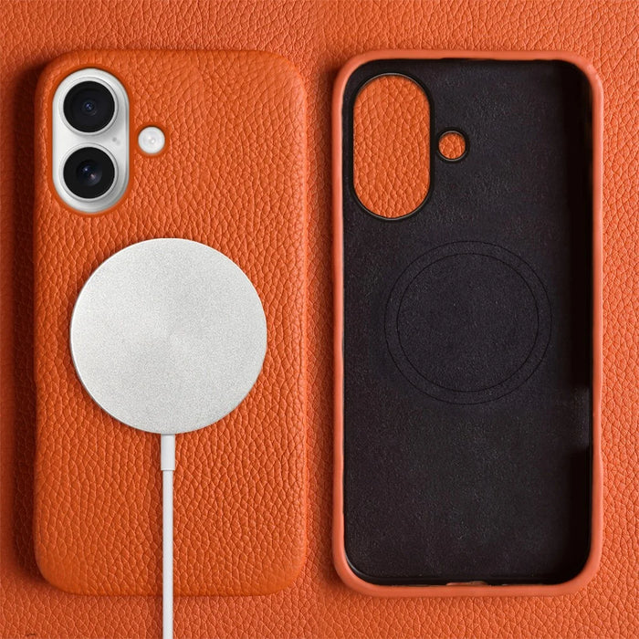 For iPhone 17 Case Compatible with MagSafe Litchi Texture Genuine Cow Leather + PC Phone Cover - Orange - 2