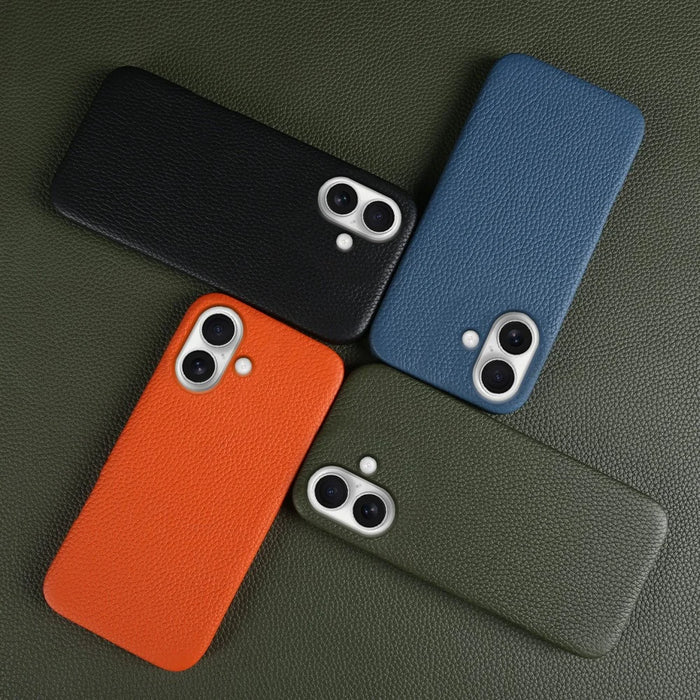 For iPhone 17 Case Compatible with MagSafe Litchi Texture Genuine Cow Leather + PC Phone Cover - Orange - 5