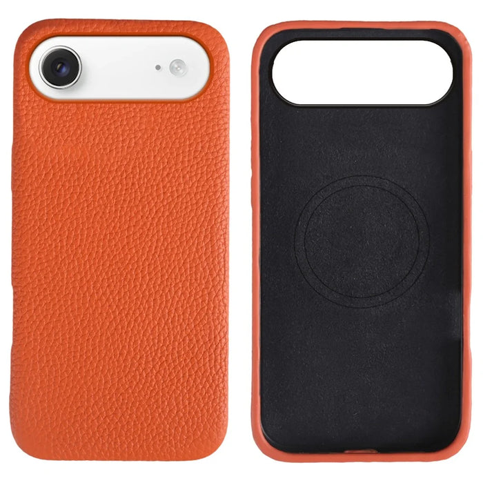 For iPhone Air Case Compatible with MagSafe Litchi Texture Genuine Cow Leather + PC Phone Cover - Orange - 1