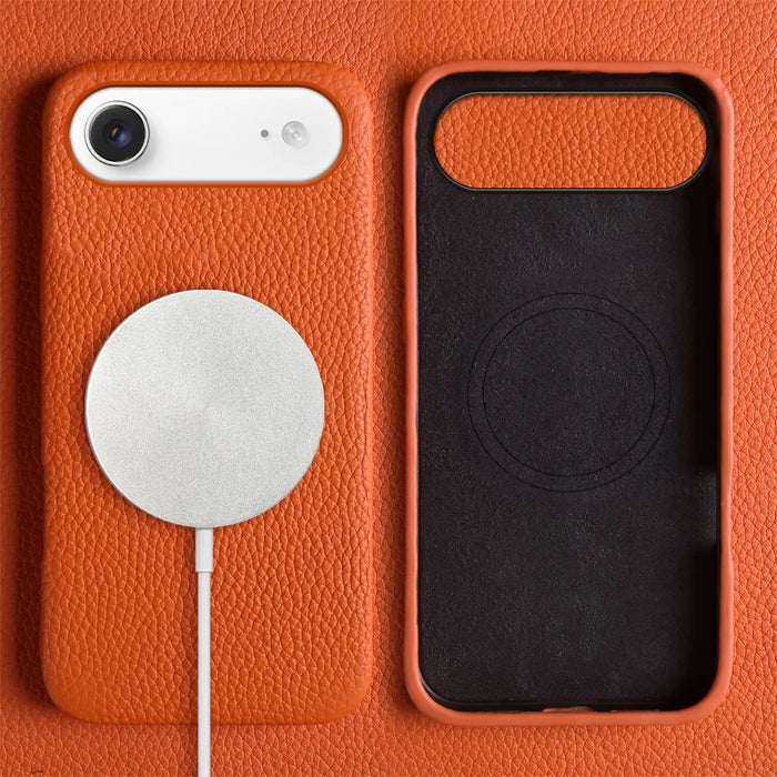 For iPhone Air Case Compatible with MagSafe Litchi Texture Genuine Cow Leather + PC Phone Cover - Orange - 2