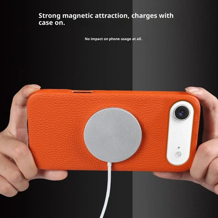 For iPhone Air Case Compatible with MagSafe Litchi Texture Genuine Cow Leather + PC Phone Cover - Orange - 3