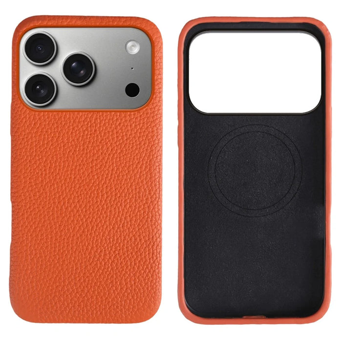 For iPhone 18 Pro / 17 Pro Case Compatible with MagSafe Litchi Texture Genuine Cow Leather + PC Phone Cover - Orange - 1