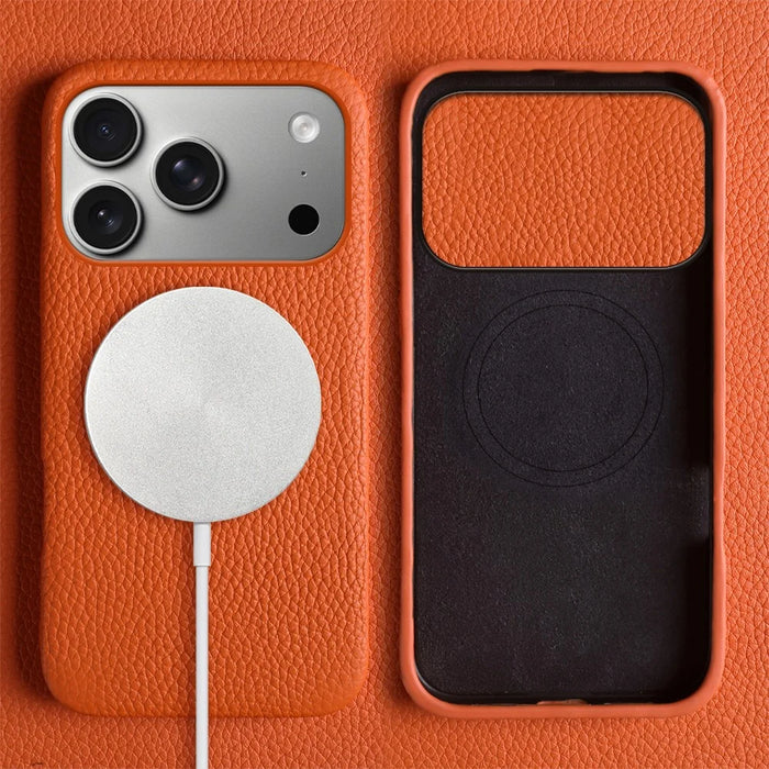 For iPhone 18 Pro / 17 Pro Case Compatible with MagSafe Litchi Texture Genuine Cow Leather + PC Phone Cover - Orange - 2