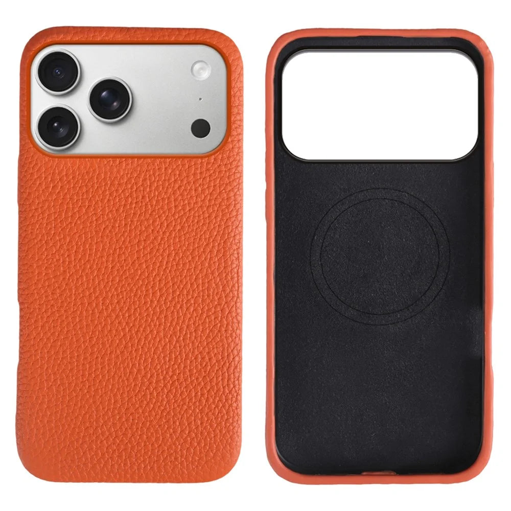 For iPhone 18 Pro Max / 17 Pro Max Case Compatible with MagSafe Litchi Texture Genuine Cow Leather + PC Phone Cover - Orange - 1