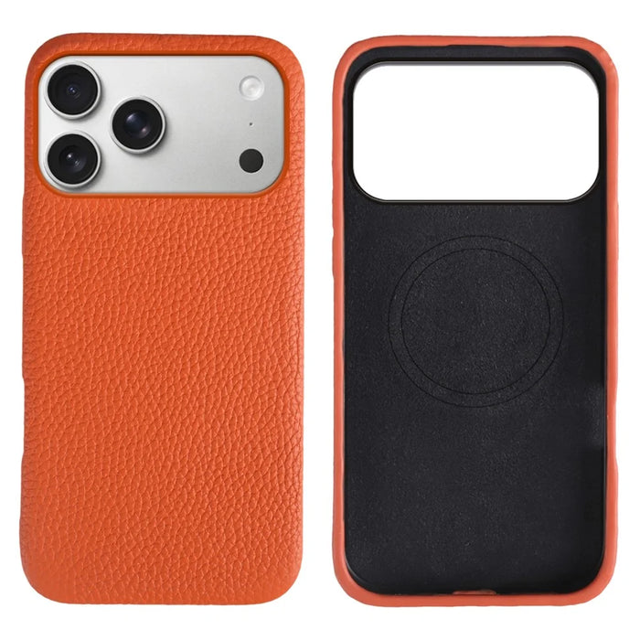 For iPhone 18 Pro Max / 17 Pro Max Case Compatible with MagSafe Litchi Texture Genuine Cow Leather + PC Phone Cover - Orange - 1