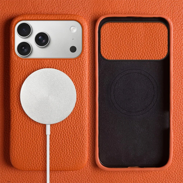 For iPhone 18 Pro Max / 17 Pro Max Case Compatible with MagSafe Litchi Texture Genuine Cow Leather + PC Phone Cover - Orange - 2