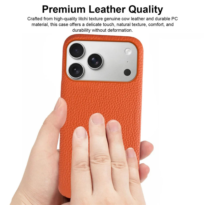 For iPhone 18 Pro Max / 17 Pro Max Case Compatible with MagSafe Litchi Texture Genuine Cow Leather + PC Phone Cover - Orange - 3