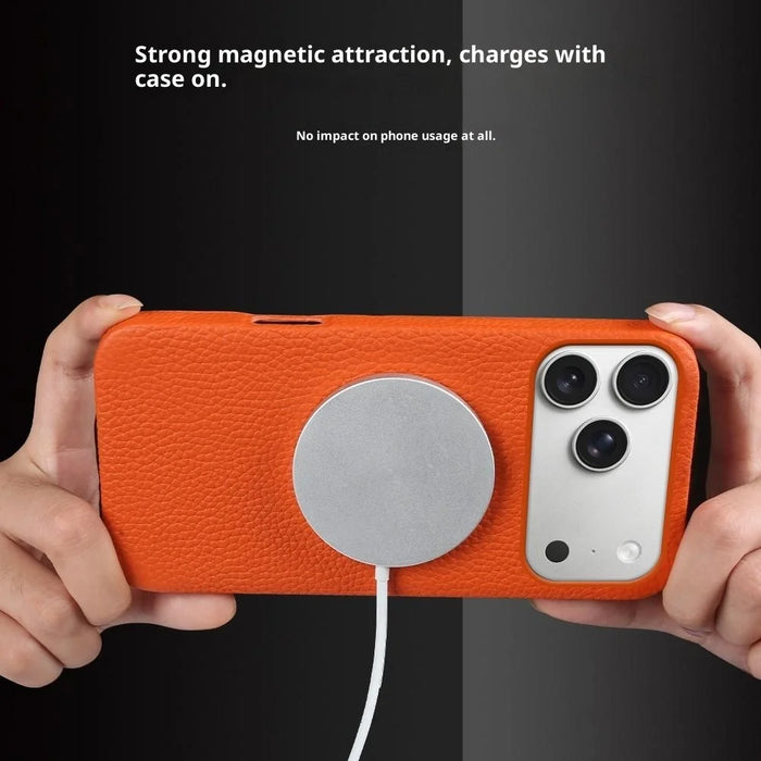 For iPhone 18 Pro Max / 17 Pro Max Case Compatible with MagSafe Litchi Texture Genuine Cow Leather + PC Phone Cover - Orange - 4