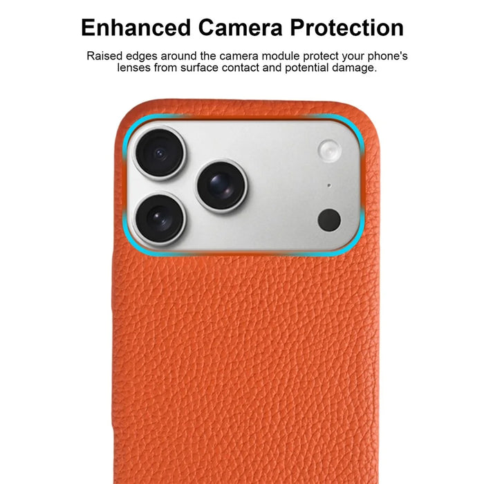 For iPhone 18 Pro Max / 17 Pro Max Case Compatible with MagSafe Litchi Texture Genuine Cow Leather + PC Phone Cover - Orange - 5