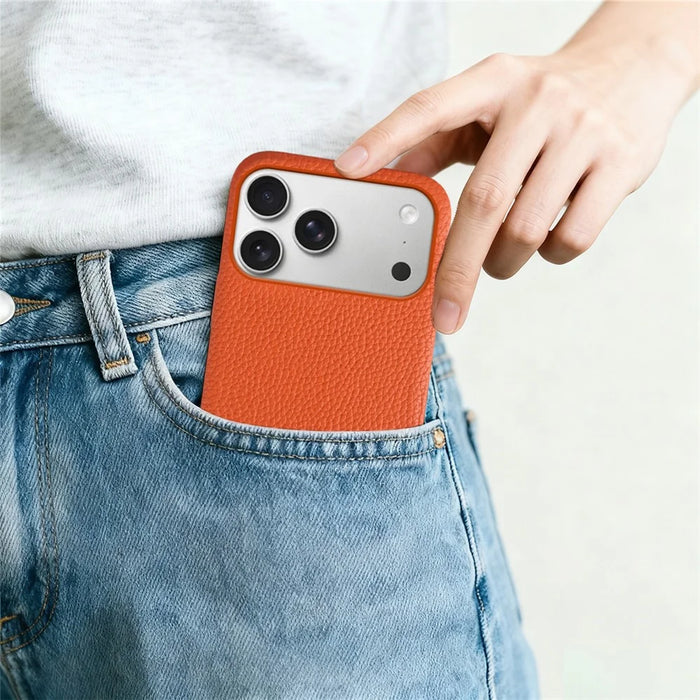 For iPhone 18 Pro Max / 17 Pro Max Case Compatible with MagSafe Litchi Texture Genuine Cow Leather + PC Phone Cover - Orange - 7