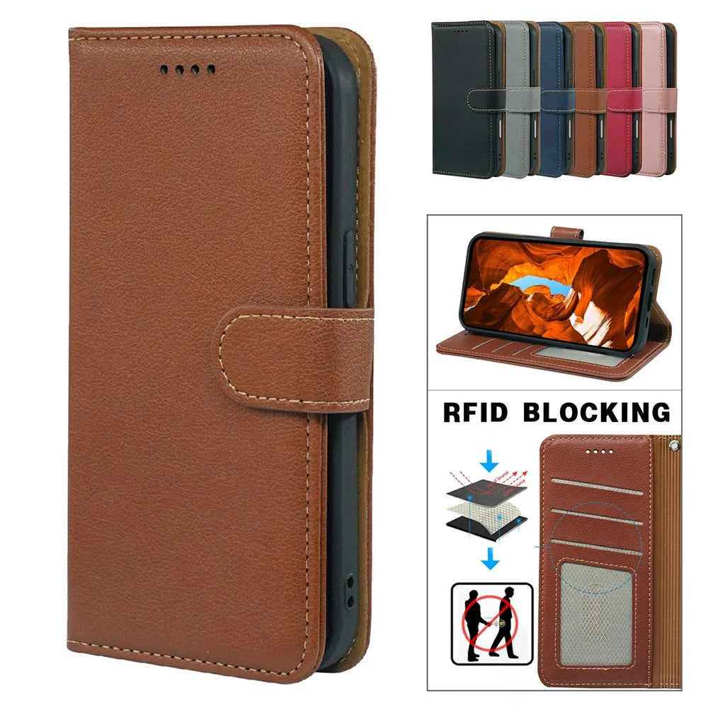 For OnePlus 15R 5G / Ace 6T 5G / Ace 6 5G Case RFID Blocking Wallet Litchi Texture Leather Phone Cover Magnetic Clasp - Brown - 5