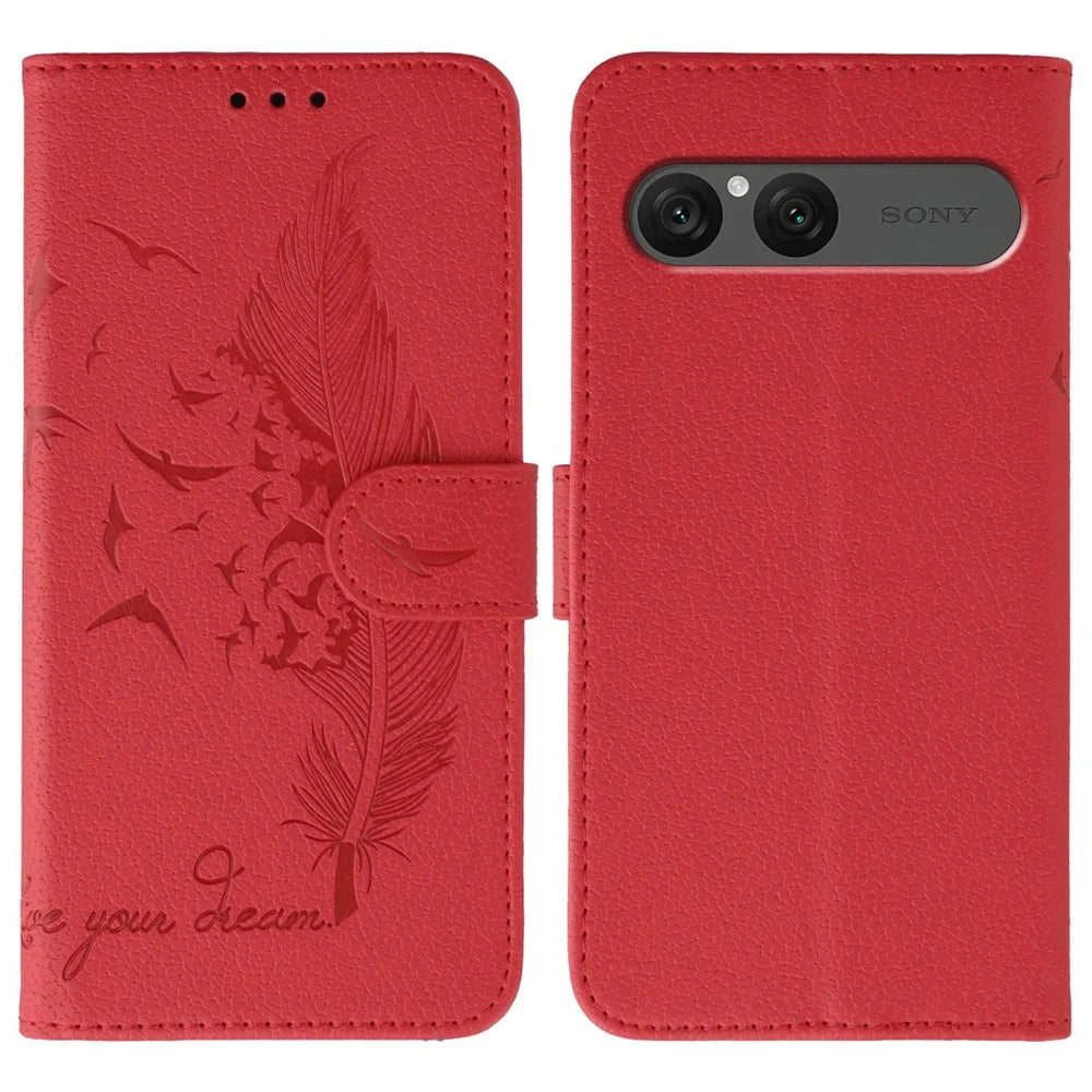 For Sony Xperia 10 VII Case Feather Imprint PU Leather Wallet Phone Cover - Red - 1